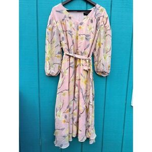 Lane Bryant Pink Floral Midi Dress Belted Long Sleeve V Neck Size 18